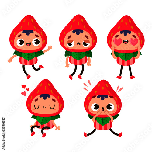 Fresa adorable con varias expresiones
