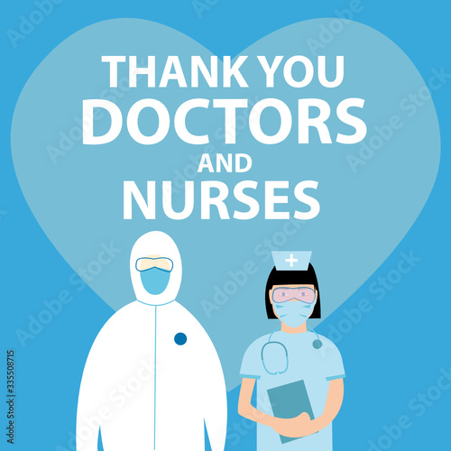 "Thank you Doctors" healthcare worker and Medical doctor nurse characters. Hospital profession concept vector illustration. Simple flat cartoon style clip art for epidemic covid-19 pandemic quarantine