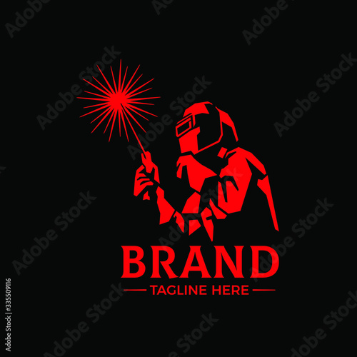WELDING LOGO welder silhouette working with helmet in simple and modern design style