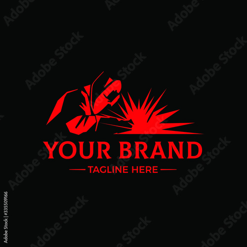 WELDING LOGO welder silhouette working with helmet in simple and modern design style