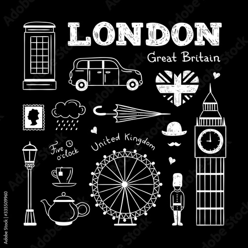 London vector illustrations set. Hand drawn United Kingdom touristic and travel collection