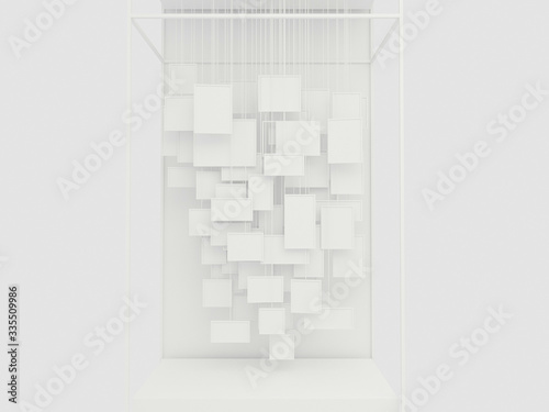 Clear the white gallery with hanging picture frames of various sizes and blank. 3D rendering, white display, white exhibition, Various size stand