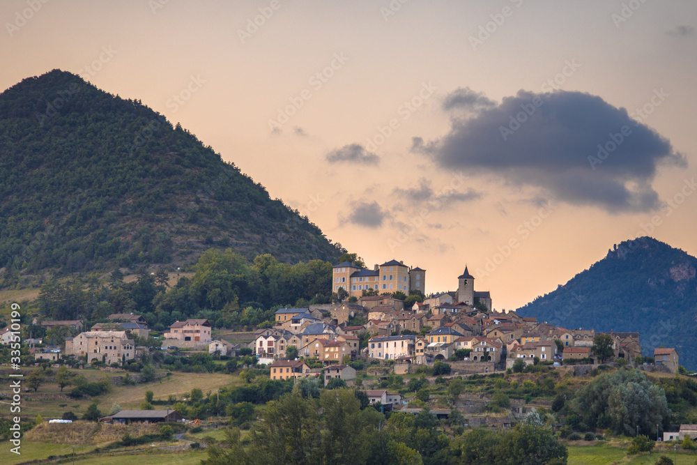 Hill top Village in Cevennes valley landscape
