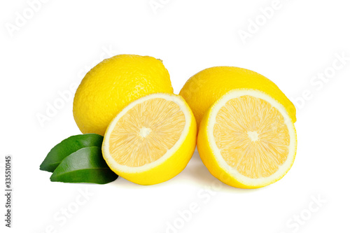 lemon with leaves on white background