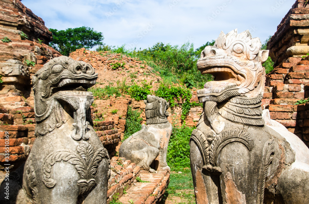 Lion statues, Inwa, Mandalay, Myanmar