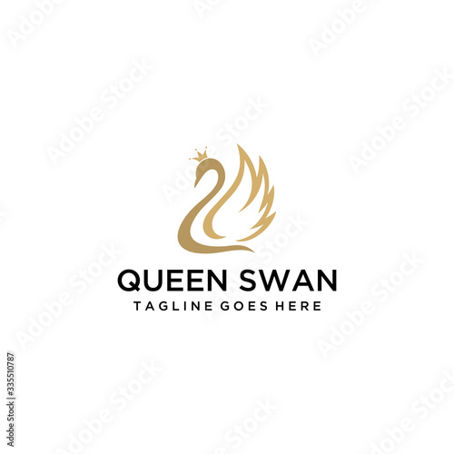 Simple luxury swan logo design template with crown queen sign