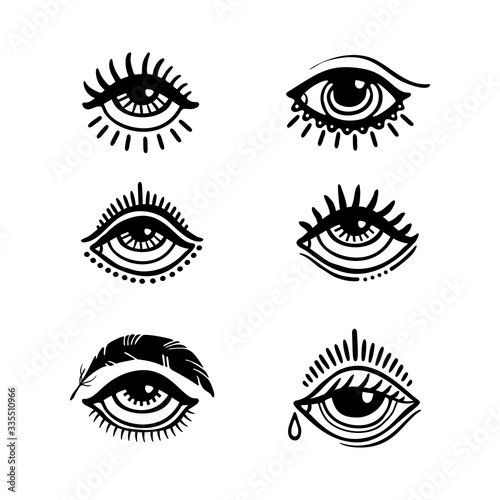 Set of hand drawn eyes. Doodle style. Tattoo design element.The third eye vector illustration.