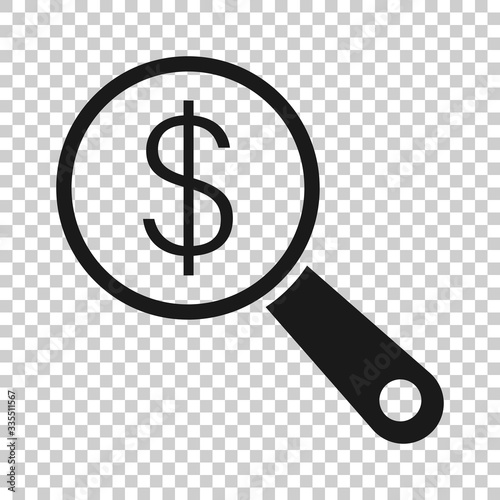 Magnifier glass with money icon in flat style. Dollar search vector illustration on white isolated background. Financial currency business concept.