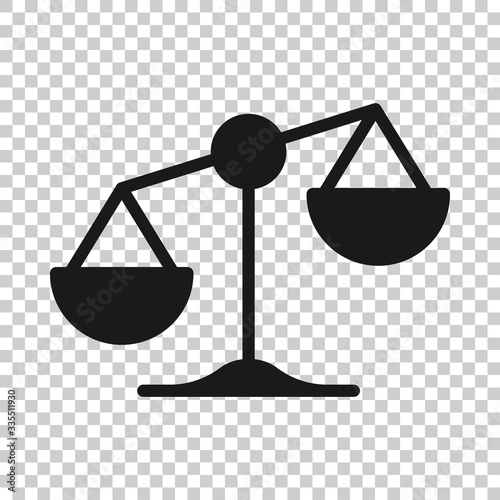 Scale balance icon in flat style. Justice vector illustration on white isolated background. Judgment business concept.