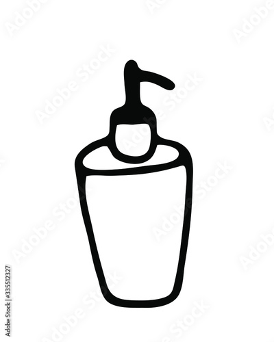 Hand drawn vector illustration with liquid soap or other detergent. Isolated on white background illustration with a hygienic theme for flyers, banners, booklets and other printed materials.
