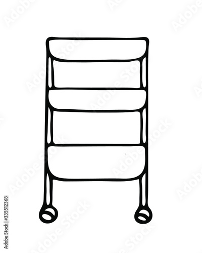 Hand drawn vector illustration with whatnot for storage of detergents, vegetables/fruits, household items and more. Isolated on white background image for flyers, banners, paper and digital products.