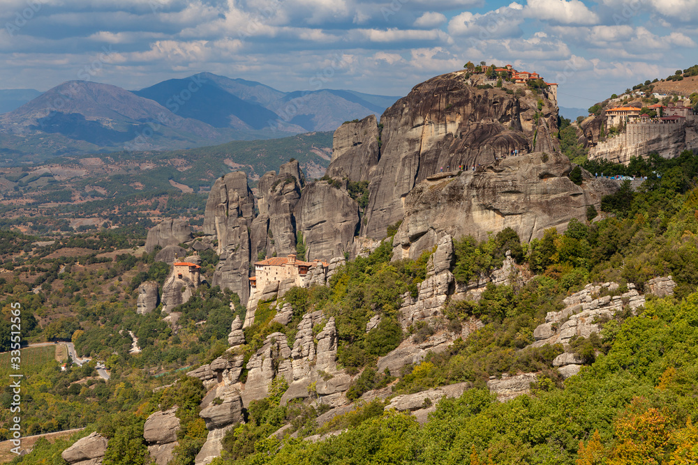 Meteora rocks with monasteries, Greece. Summer daytime.