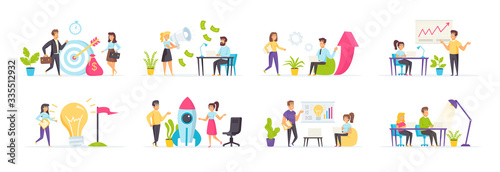 Startup company set with people characters in various scenes and situations. Startup project management and strategy planning with creative team. Bundle of business people teamwork in flat style.