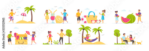 Summer holidays set with people characters in various situations. Happy people relaxing at beach with palms, eating watermelon and ice cream, sunbathing and skateboarding. Bundle of tropical vacation