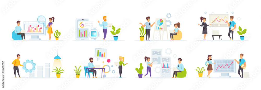 Data analysis set with people characters in various scenes. Business analyst presenting marketing research, professional financial forecasting. Bundle of business analysis and planning in flat style. Data analysis set with people characters in various scenes. Business analyst presenting marketing research, professional financial forecasting. Bundle of business analysis and planning in flat style.