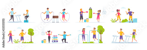 Outdoor fitness set with people characters in various scenes. Man and woman jogging and riding on roller skates in park  jumping with rope  lifting dumbbells and boxing in gym bundle in flat style.