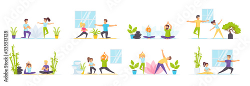 Family yoga set with people characters in various scenes. Happy couple doing yoga exercises and meditating in lotus pose. Bundle of practicing yoga at home in flat style. Healthy lifestyle and sport