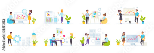 Data analysis set with people characters in various scenes. Business analyst presenting marketing research, professional financial forecasting. Bundle of business analysis and planning in flat style. © alexdndz