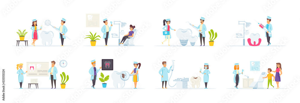Dental clinic set with people characters in various scenes. Dentist with instruments treats teeth, patient visiting specialist in dental clinic. Bundle of stomatology and dental care in flat style.