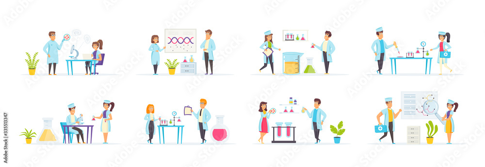 Medical laboratory set with people characters in various scenes. Researchers working in science laboratory, dna expertise and virus vaccine development. Bundle of pharmacy engineering in flat style.