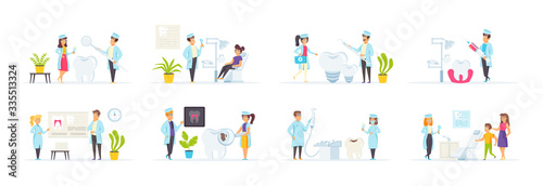 Dental clinic set with people characters in various scenes. Dentist with instruments treats teeth, patient visiting specialist in dental clinic. Bundle of stomatology and dental care in flat style.