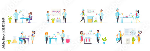 Medical laboratory set with people characters in various scenes. Researchers working in science laboratory, dna expertise and virus vaccine development. Bundle of pharmacy engineering in flat style.