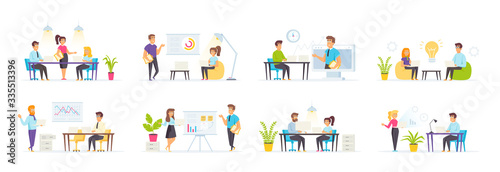 Business meeting set with people characters in various situations. Speaker making presentation, businessperson explaining new business strategy. Bundle of office workers cooperation in flat style.