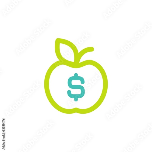 green apple with leaf and blue dollar sign. vector icon. Income growth flat icon. Isolated on white.