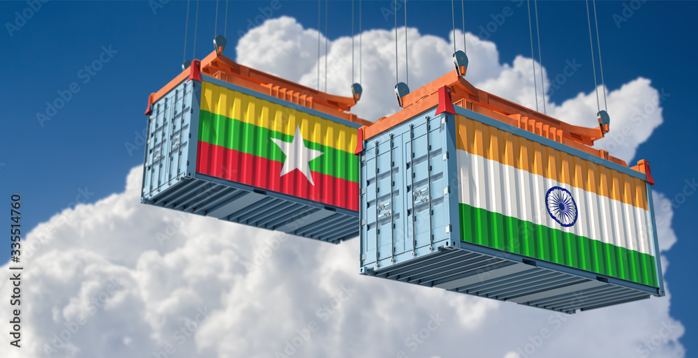 Shipping containers with Myanmar and India flag. 3D Rendering 