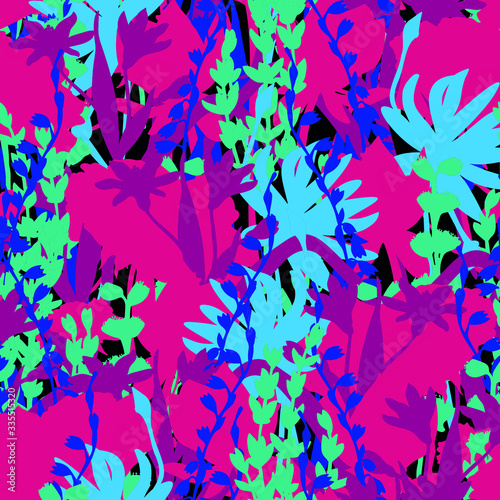 Seamless pattern with abstract bright flowers. Vector texture in contrasting colors.
Print for textiles, fabrics, backgrounds, accessories, wrapping paper.