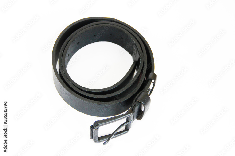 men's black leather belt for trousers on a white background men's black leather belt for trousers on a white background