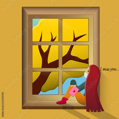 vector illustration of a girl in a medical mask with a thought in the form of text I miss you and an envelope in hand sits on a windowsill illuminated by sun glare near a large window overlooking a tr