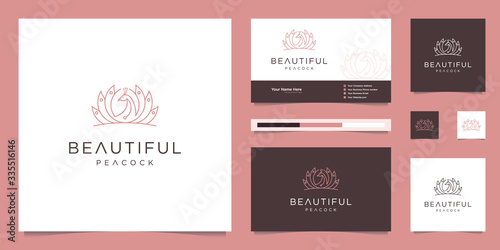 logo design beautiful peacock and business card template. minimalist luxury fashion line designs, jewelry, salon, spa.