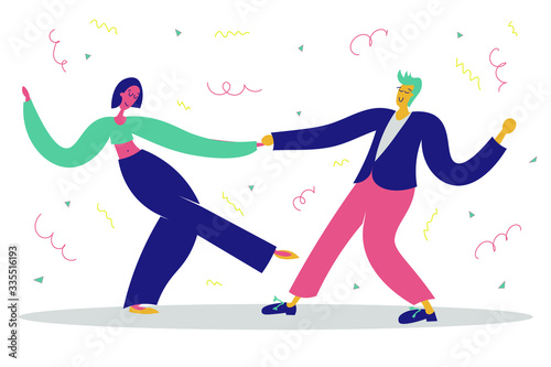 Couple dancing swing at the party. Flat cartoon characters with doodle elements. Invitation for dance party, celebration greeting card. Happy young man and woman performing dance at a dance floor. 