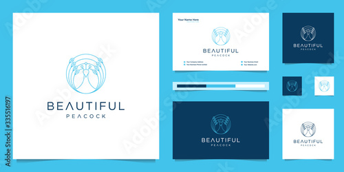 logo design beautiful peacock and business card template. minimalist luxury fashion line designs, jewelry, salon, spa.