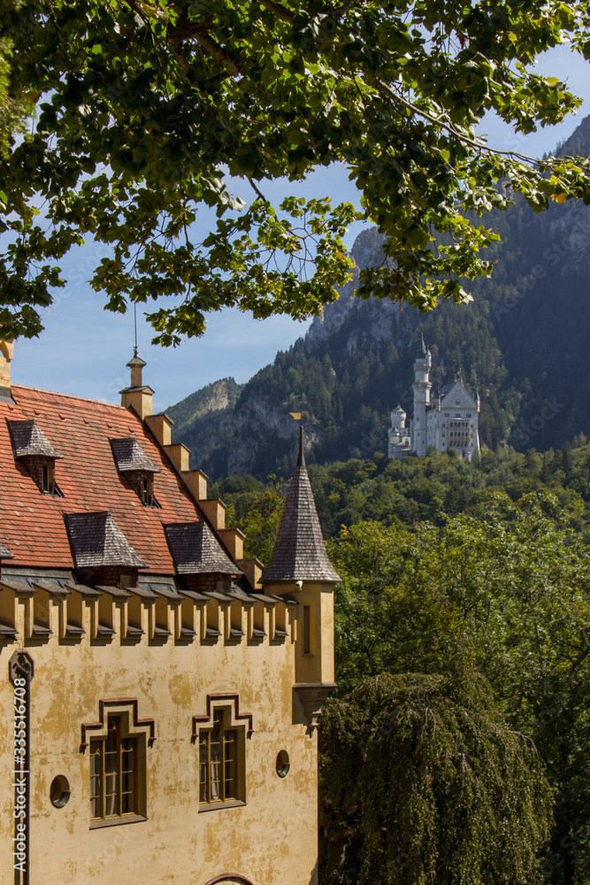 Beautiful view of world-famous Neuschwanstein Castle, the nineteenth-century Romanesque Revival palace built for King Ludwig II on a rugged cliff near Füssen, southwest Bavaria, Germany