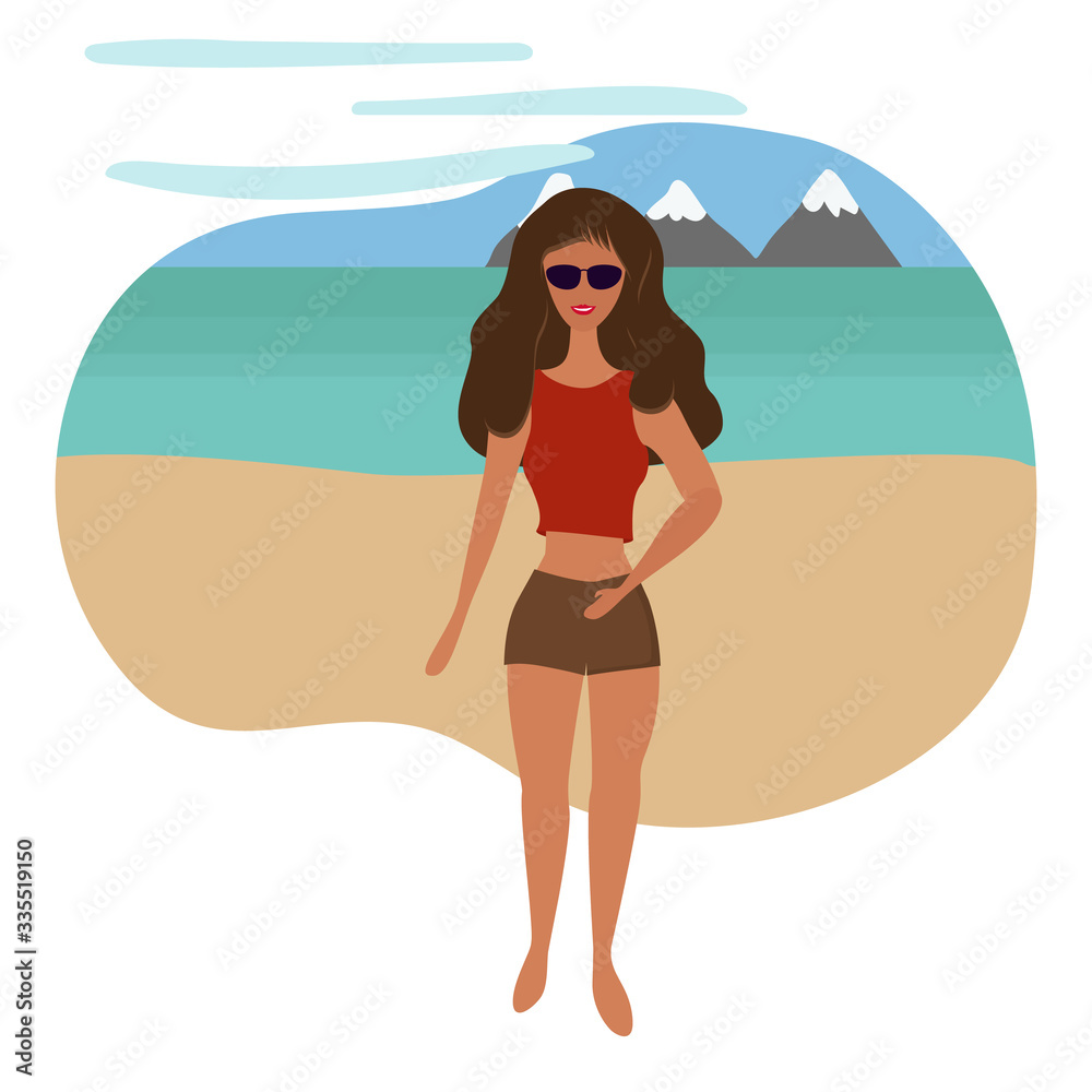Beautiful girl in shorts and sunglasses on the beach. Beautiful girl in shorts and sunglasses on the beach.