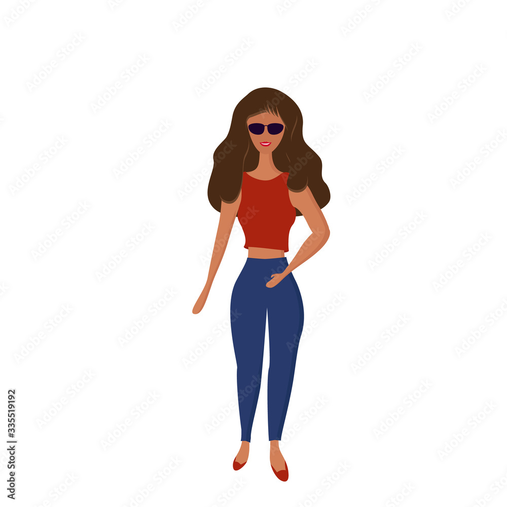Beautiful girl in sunglasses, trousers and t-shirt. Vector illustration. Beautiful girl in sunglasses, trousers and t-shirt. Vector illustration.