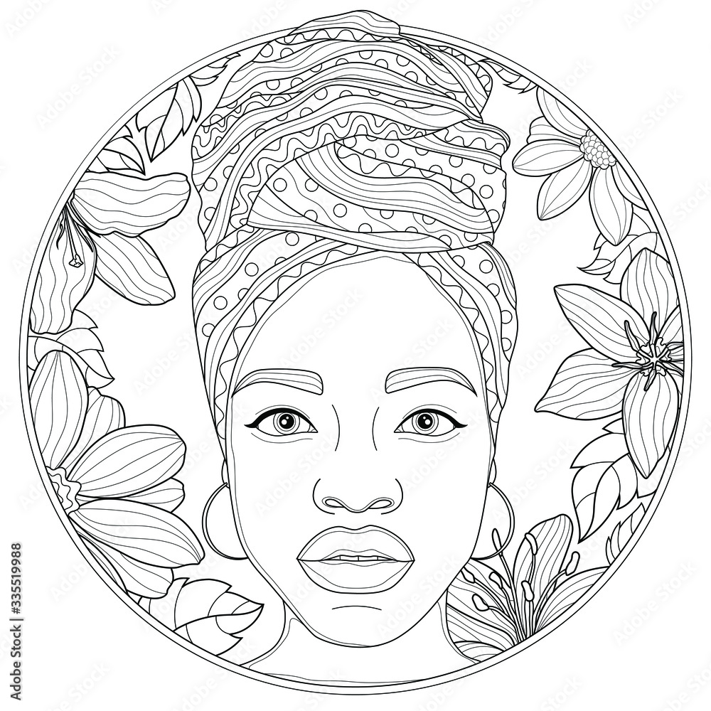 African girl in a turban and in flowers.Coloring book antistress for  children and adults. Illustration isolated on white background.Zen-tangle  style. Black and white drawing. Stock Vector