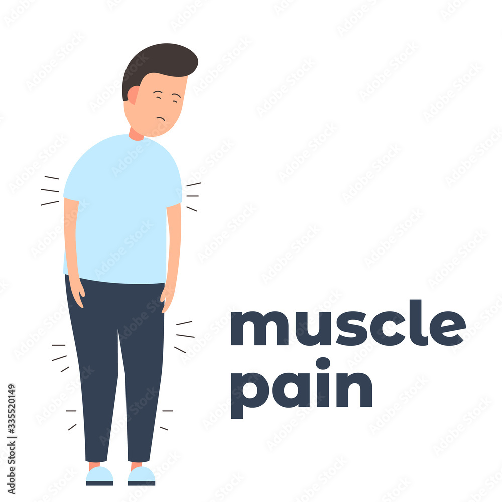 Vector icon of a character having muscle pain because of the infection. It represents a concept of medical protection, virus symptoms and muscle pain as a virus infection symptom Vector icon of a character having muscle pain because of the infection. It represents a concept of medical protection, virus symptoms and muscle pain as a virus infection symptom