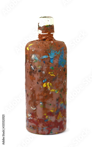 Plastic bottle dirty with paint colors. Closeup dirty plastic bottles contain water color 