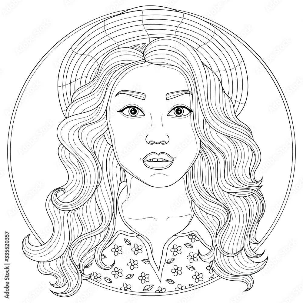 Beautiful girl in a hat and shirt. Coloring book antistress for children and adults. Illustration isolated on white background.Zen-tangle and doodle style. Black and white drawing Beautiful girl in a hat and shirt. Coloring book antistress for children and adults. Illustration isolated on white background.Zen-tangle and doodle style. Black and white drawing