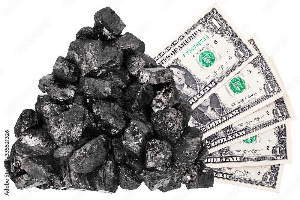 Obraz premium Coal heap and one dollar banknotes on white background isolated close up, black coal rock, money bundle, mineral fossil fuel price concept, anthracite coal mining industry, power and energy banner