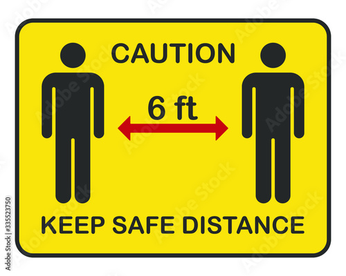 Keep safe distance yellow warning sign. Social distancing poster. Coronavirus covid-19 pandemic symbol. Influenza pandemic logo. Isolated on white background. Vector illustration image.