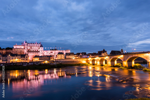 Aboise city on the Loire river with its castle on a summer night. (France)