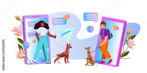 Vector online dating app concept with young boy and girl, dogs, smartphones, abstract messages and smiley faces. Female and male characters with their pets in cartoon style.  