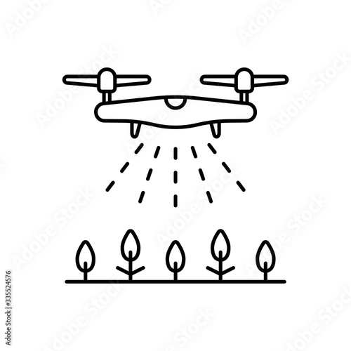 Drone spraying agent on crops. Linear icon of fertilizer, disinfection, watering, irrigation from air. Black illustration of agricultural automation. Contour isolated vector image on white background