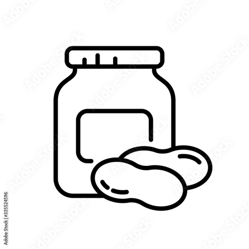 Peanut butter jar with two nuts in shell. Linear icon of finished product in store package. Black illustration of grated pasta made from natural ingredient. Contour isolated vector on white background