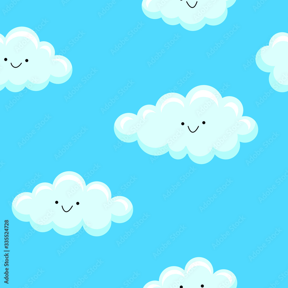 Seamless pattern cute smiling clouds on blue sky. Design for textile, wallpaper, wrapping paper etc. Vector illustration.