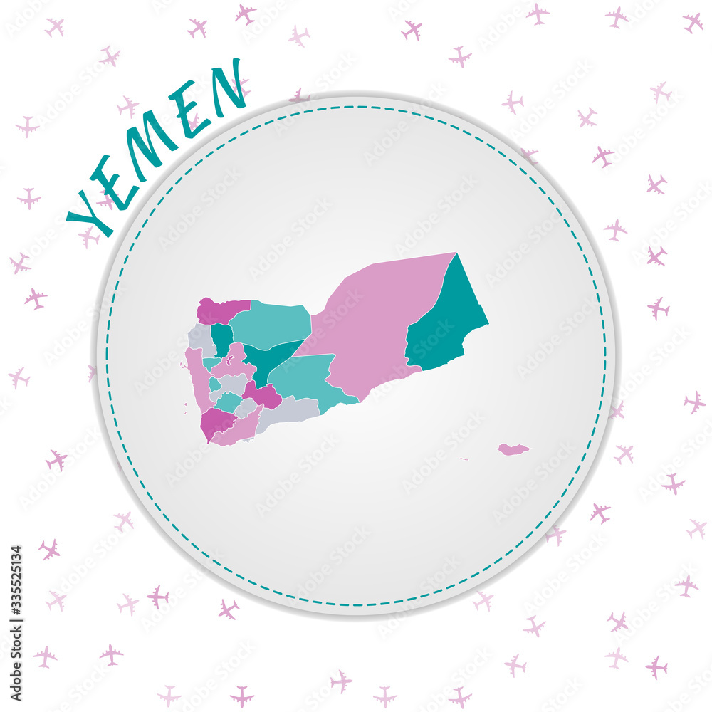 Yemen map design. Map of the country with regions in emerald-amethyst color palette. Rounded travel to Yemen poster with country name and airplanes background. Vibrant vector illustration.